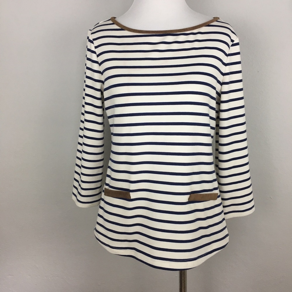 Navy Blue White Striped Suede Trim Top Size Small